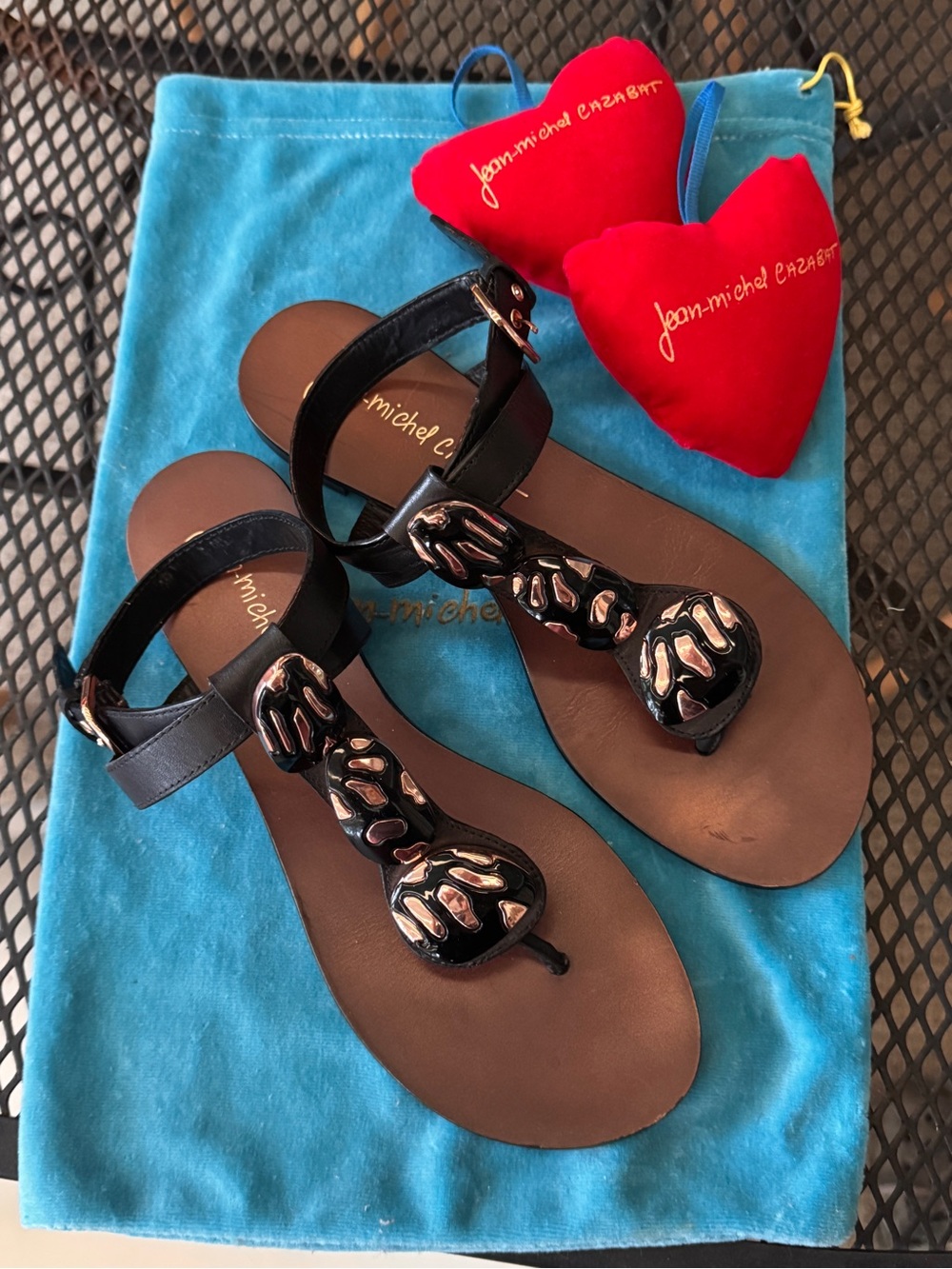Jean-Michel Cazabat Gladiator Leather T-Strap Thong Sandals w/ Bronze Accents
